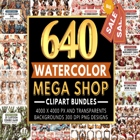 The Mega Watercolor Clipart Bundle cover image.