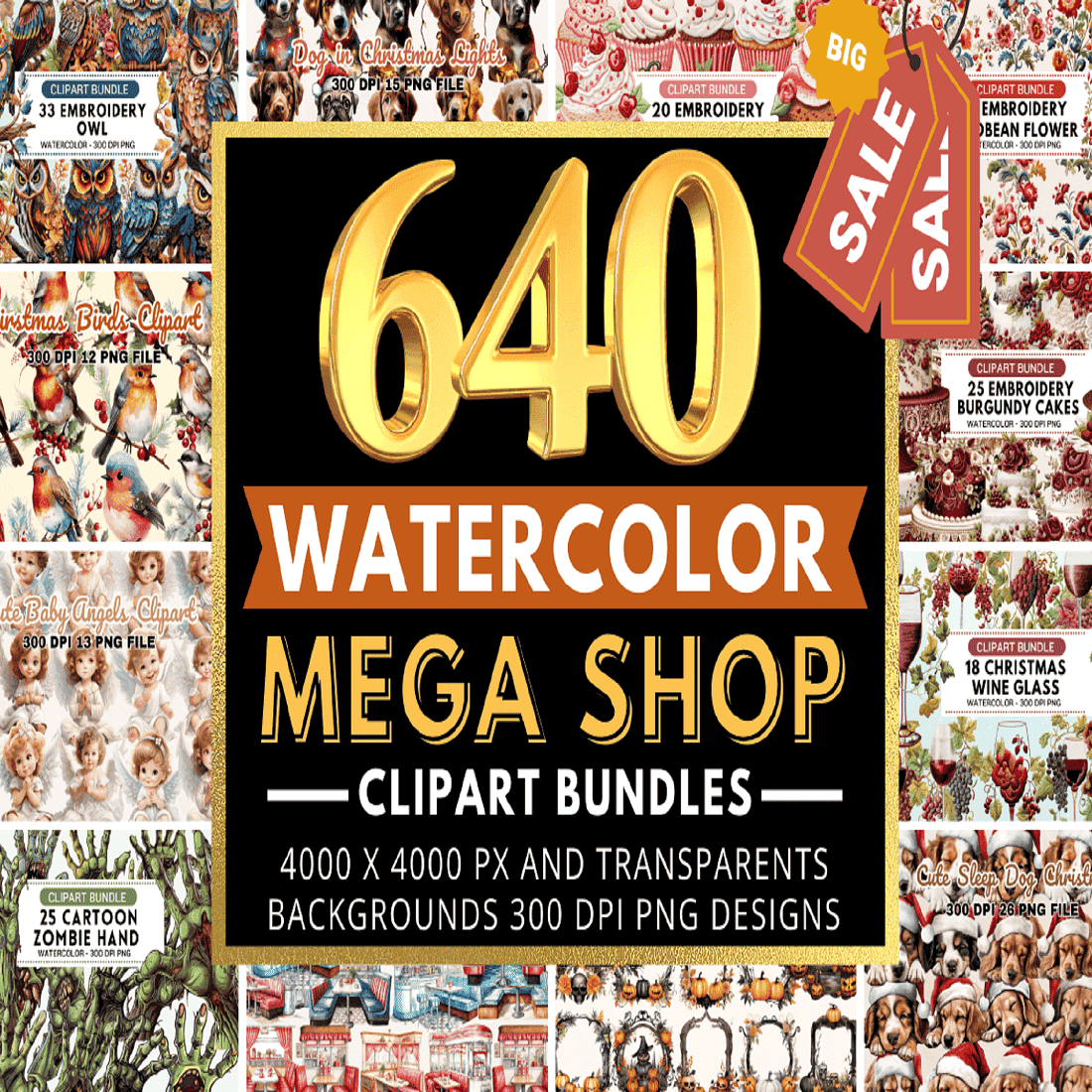 The Mega Watercolor Clipart Bundle preview image.