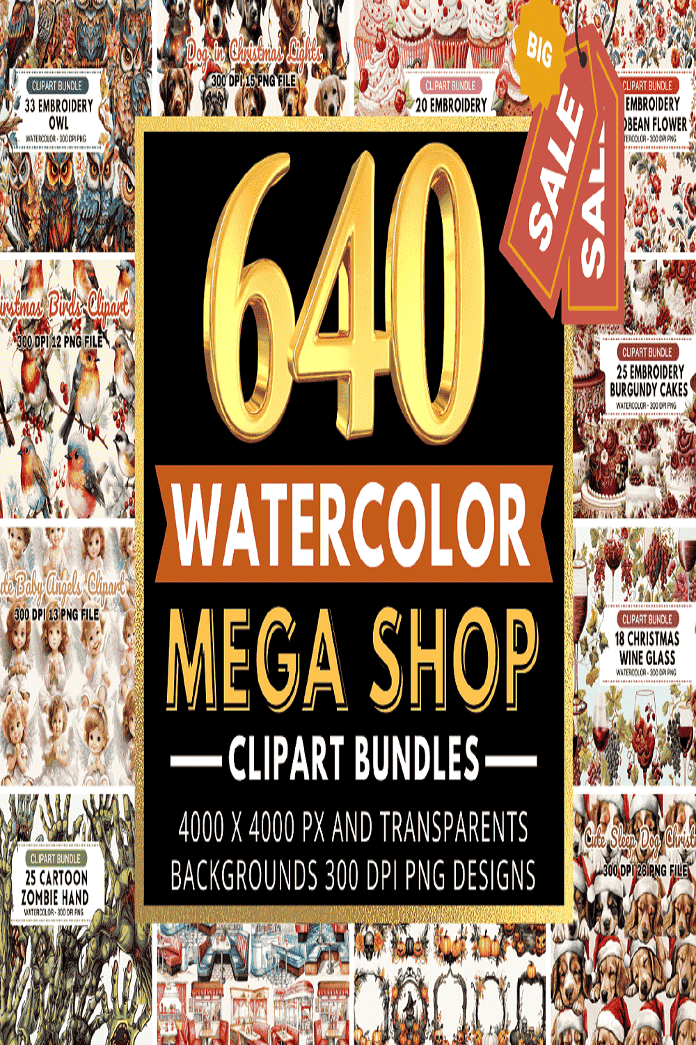 The Mega Watercolor Clipart Bundle pinterest preview image.