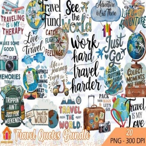 Travel Quotes Bundle Clipart PNG cover image.