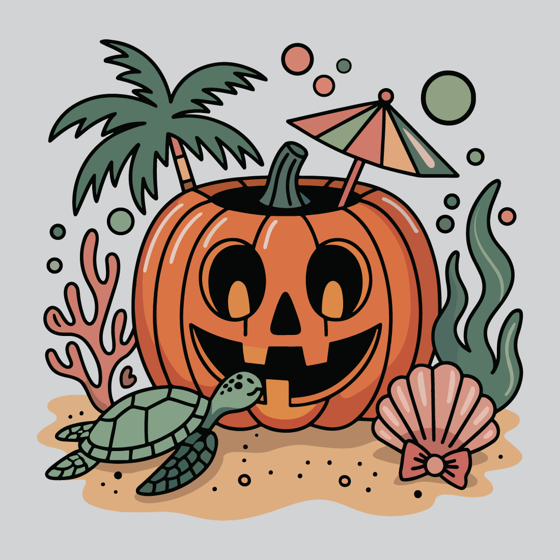 tropical halloween pumpkin cocktail sea turtle palm tree and seashell beach scene illustration1 666