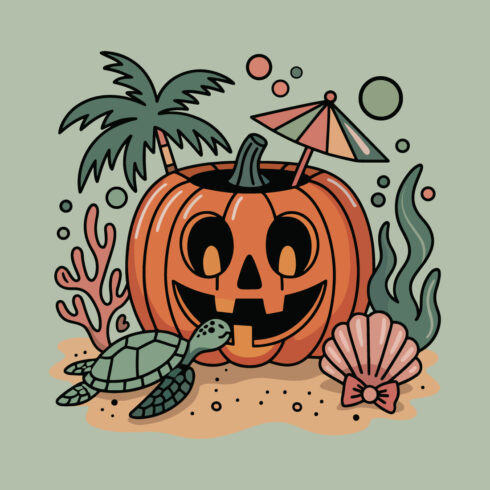 Tropical Halloween Pumpkin Cocktail Sea Turtle, Palm Tree, and Seashell Beach Scene Illustration cover image.