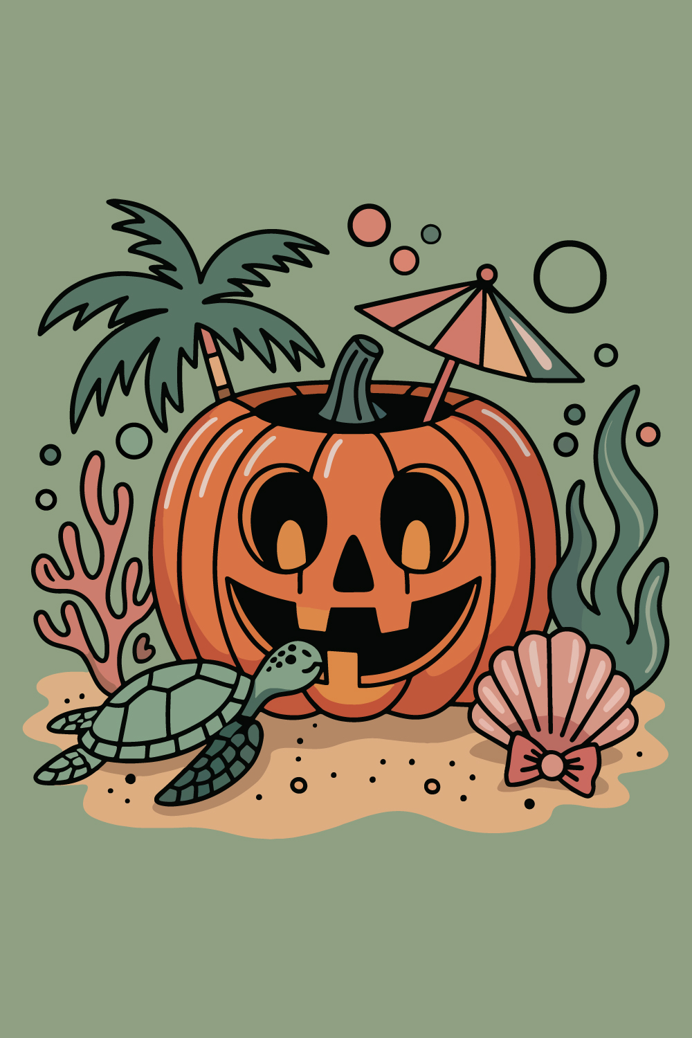 Tropical Halloween Pumpkin Cocktail Sea Turtle, Palm Tree, and Seashell Beach Scene Illustration pinterest preview image.