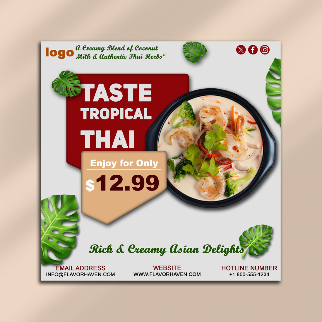 Tropical Thai Cuisine Flyer PSD Template – Rich & Creamy Asian Food Promotion Design preview image.