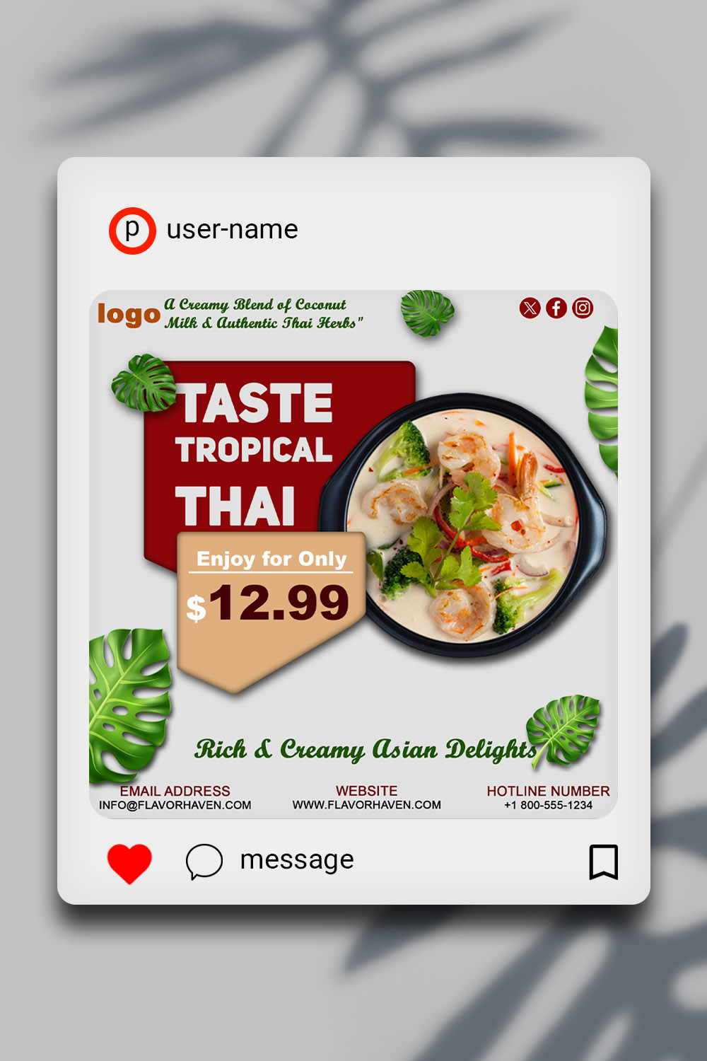 Tropical Thai Cuisine Flyer PSD Template – Rich & Creamy Asian Food Promotion Design pinterest preview image.