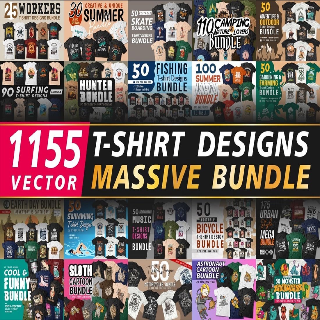 T-shirt Designs Vector Massive Bundle preview image.