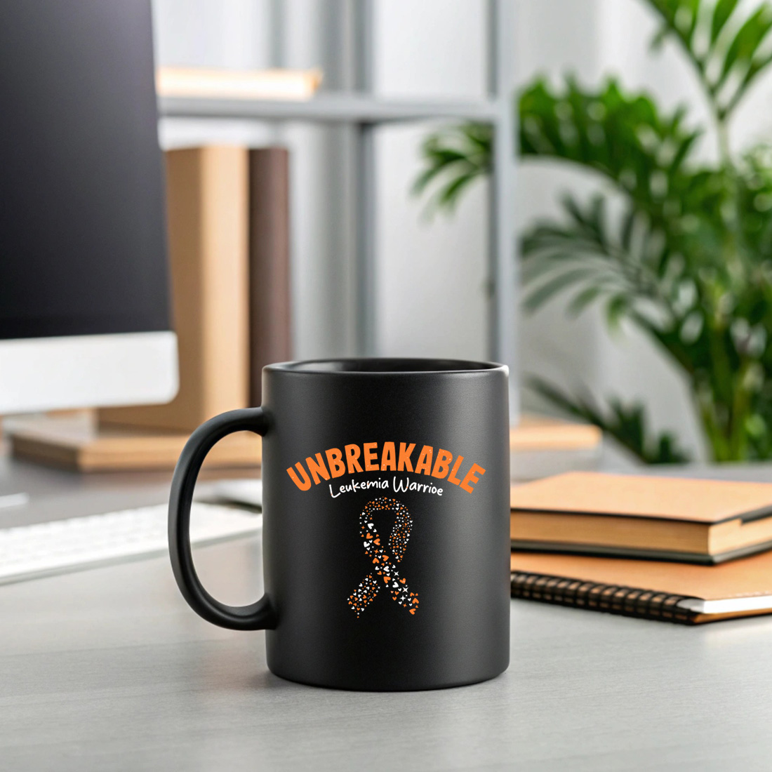 unbreakable leukemia warrior ribbon with hearts awareness design. graphic design. 2 black mug mock up 347