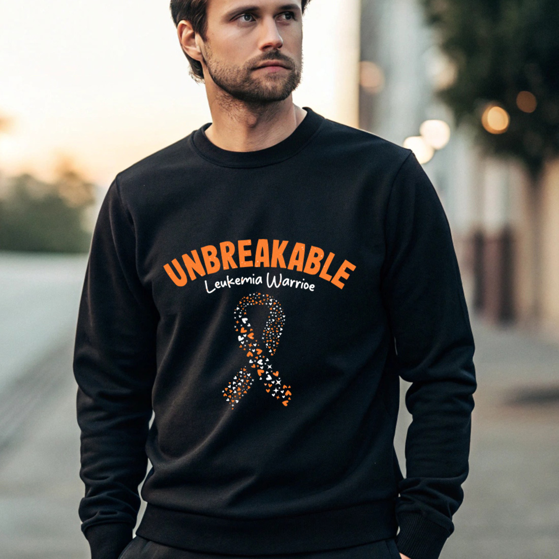 unbreakable leukemia warrior ribbon with hearts awareness design. graphic design. 4 black male sweatshirt mock up 460