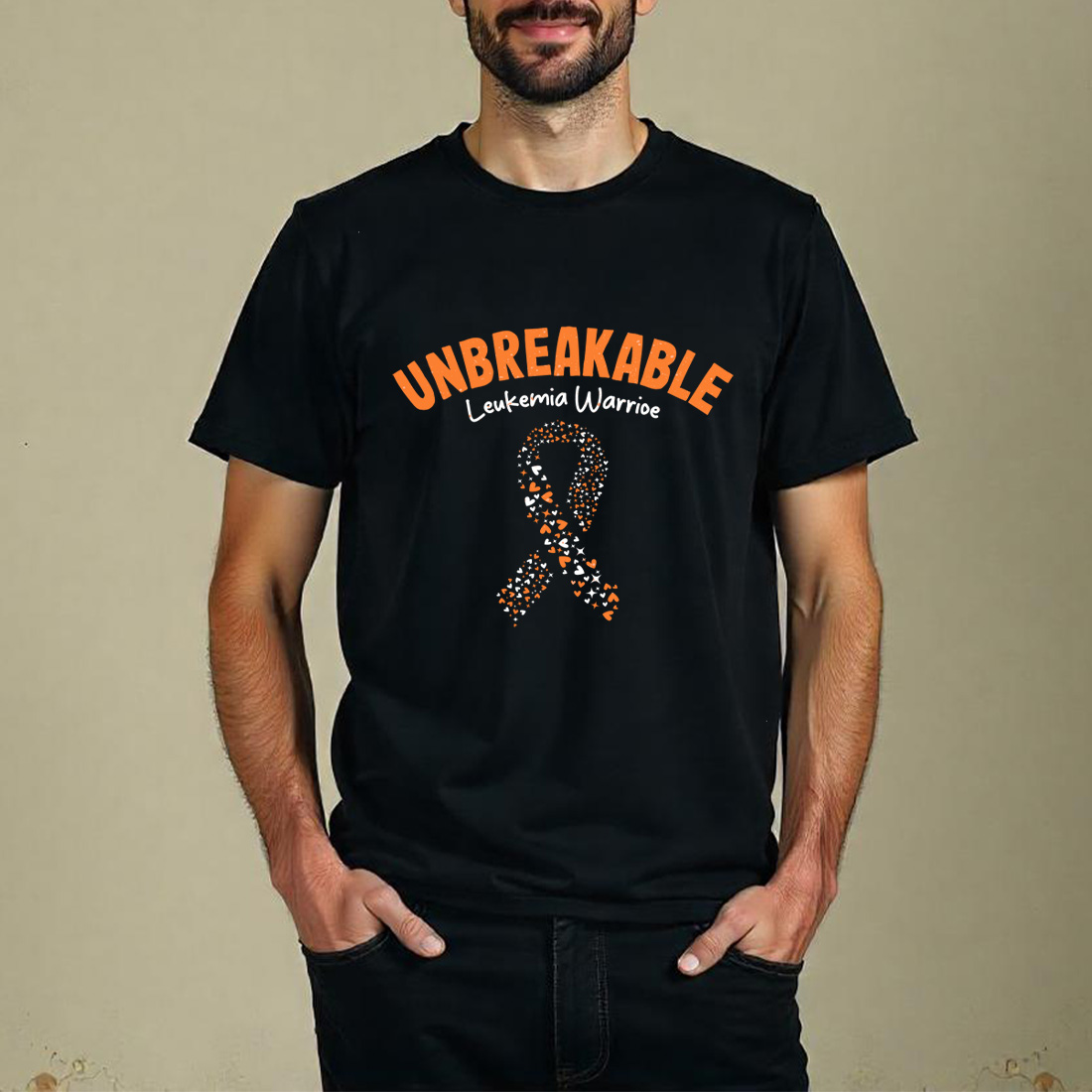 unbreakable leukemia warrior ribbon with hearts awareness design. graphic design. 6 black t shirt mock up 319