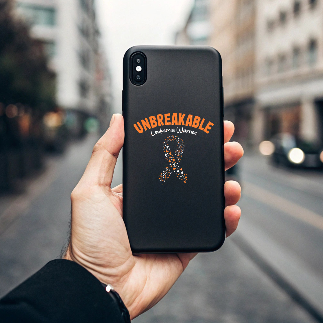 unbreakable leukemia warrior ribbon with hearts awareness design. graphic design. 7 black phone case mock up 805