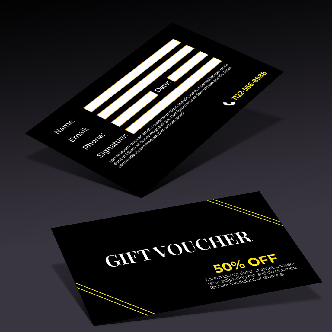 Gift voucher certificate discount card PSD edit able Print able template preview image.