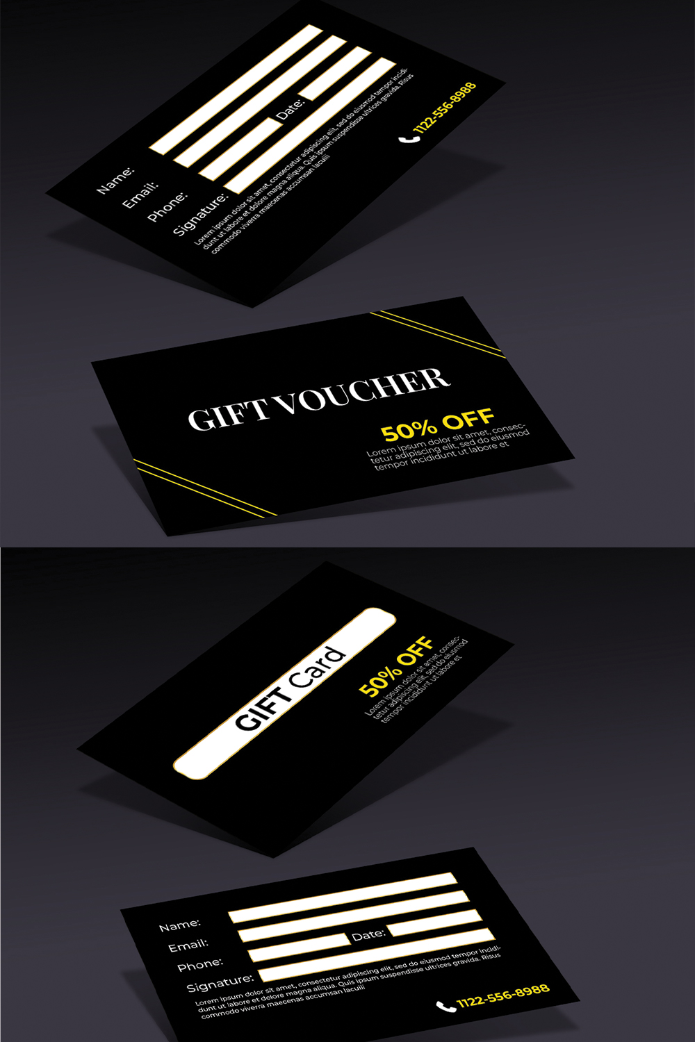 Gift voucher certificate discount card PSD edit able Print able template pinterest preview image.