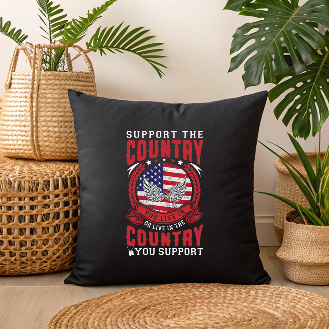 usa pride vintage style design with wings and a bold patriotic message. graphic design. 3 black pillow mock up 17