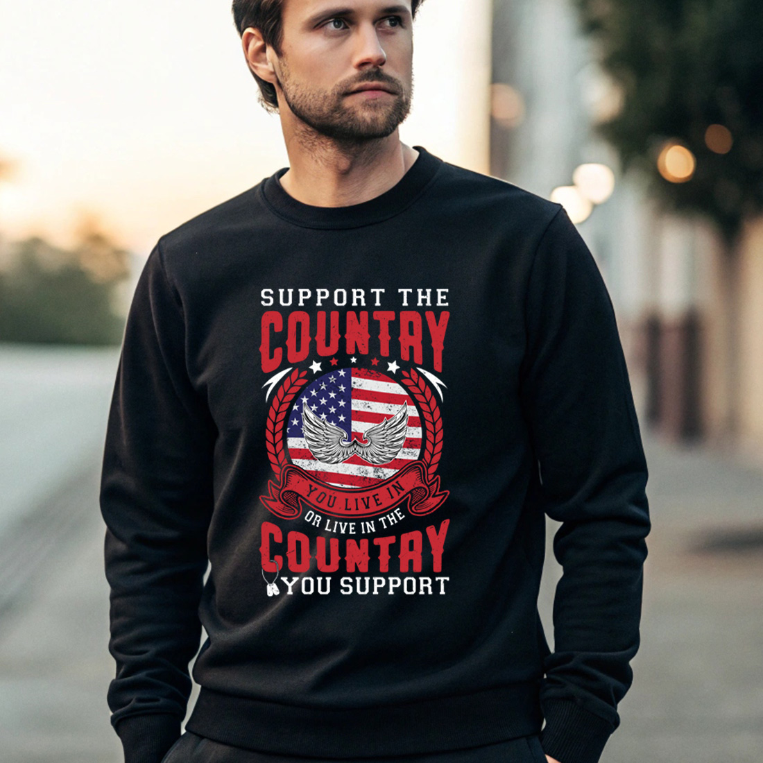 usa pride vintage style design with wings and a bold patriotic message. graphic design. 4 black male sweatshirt mock up 498