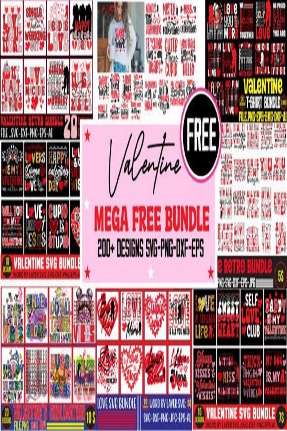 Valentine Mega Bundle, 200 Designs Free pinterest preview image.