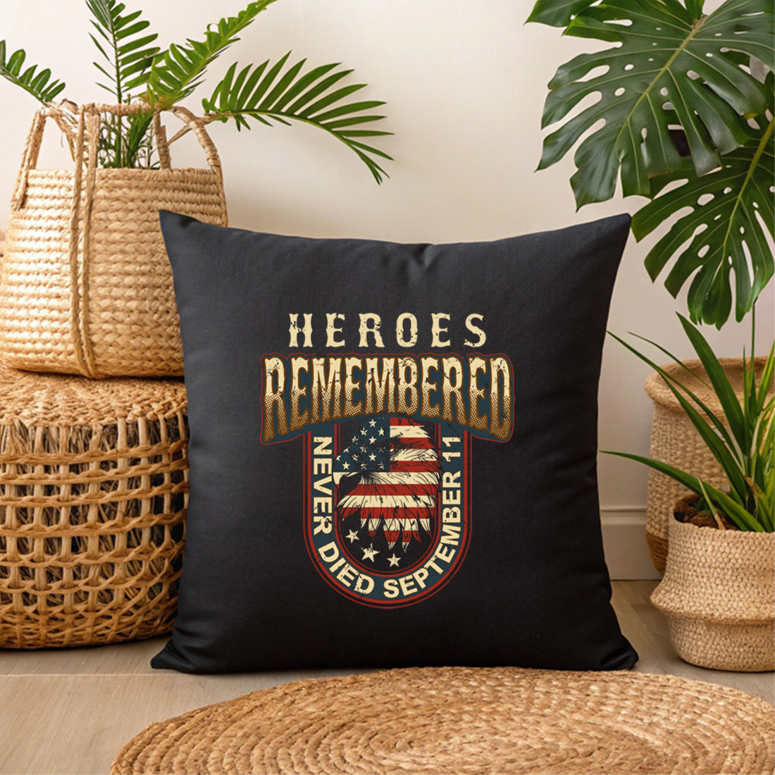 vintage american flag eagle tribute for september 11 remembrance day. graphic design. 3 black pillow mock up 441