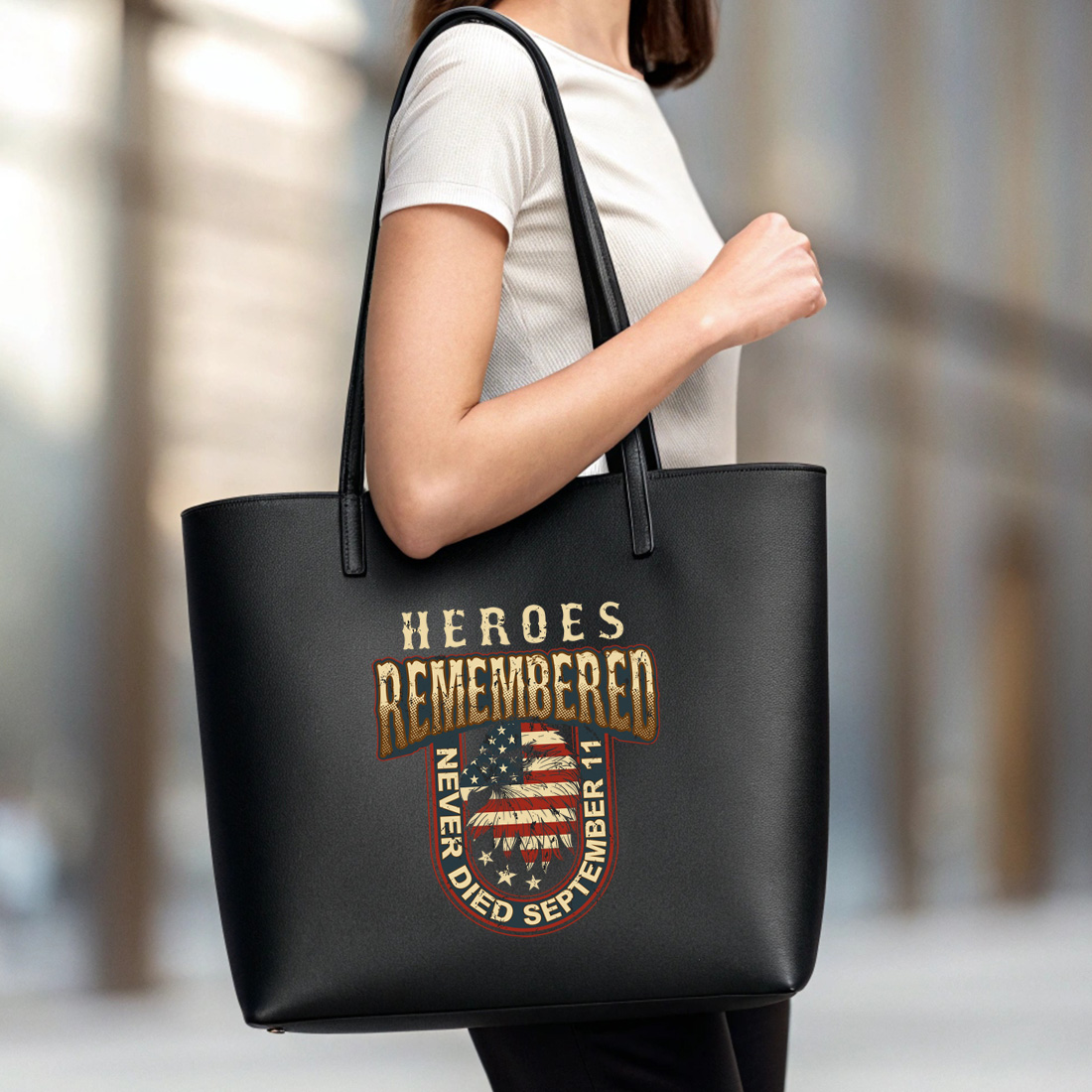 vintage american flag eagle tribute for september 11 remembrance day. graphic design. 5 black tote beg mock up 998