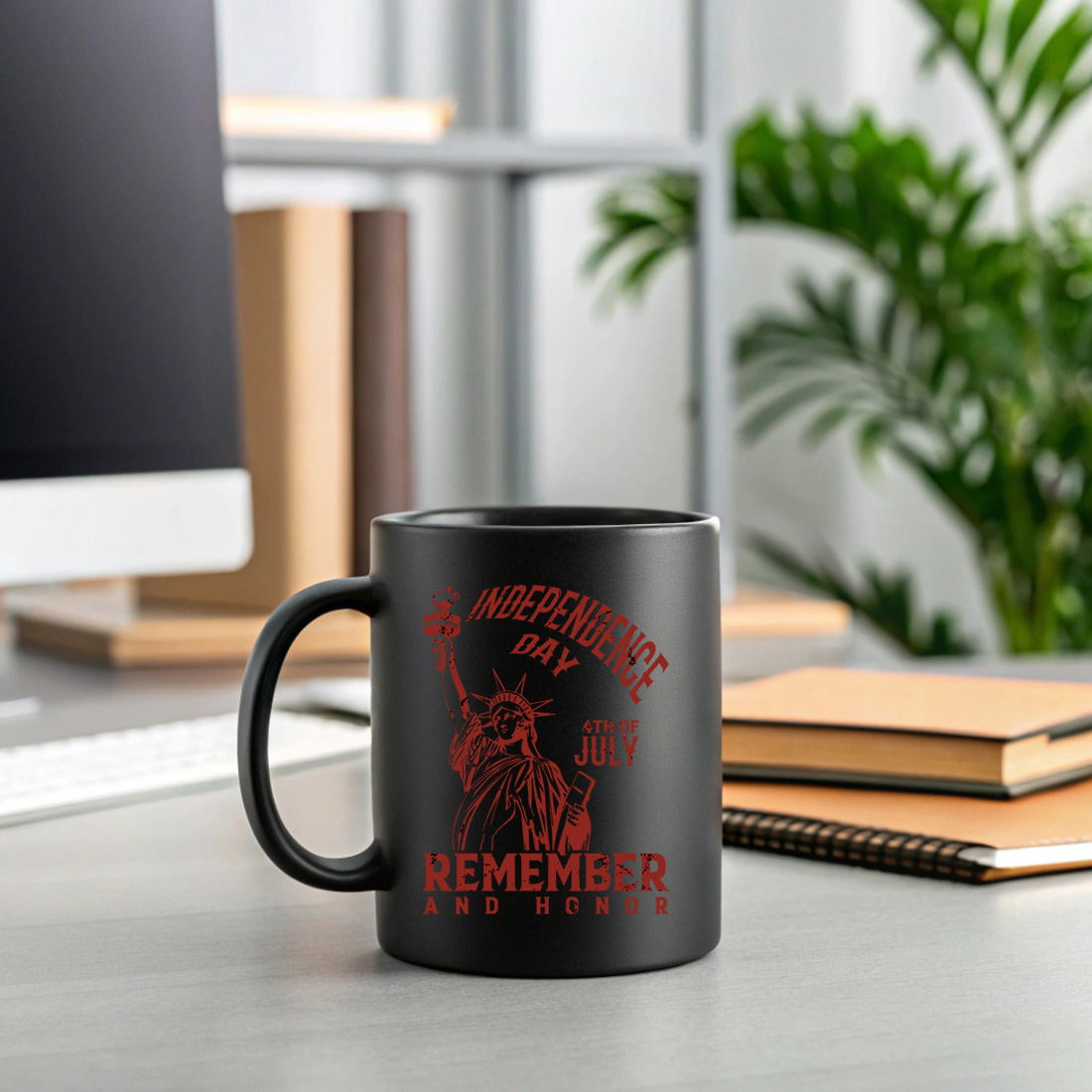 vintage independence day design with statue of liberty and distressed text. graphic design. 2 black mug mock up 121