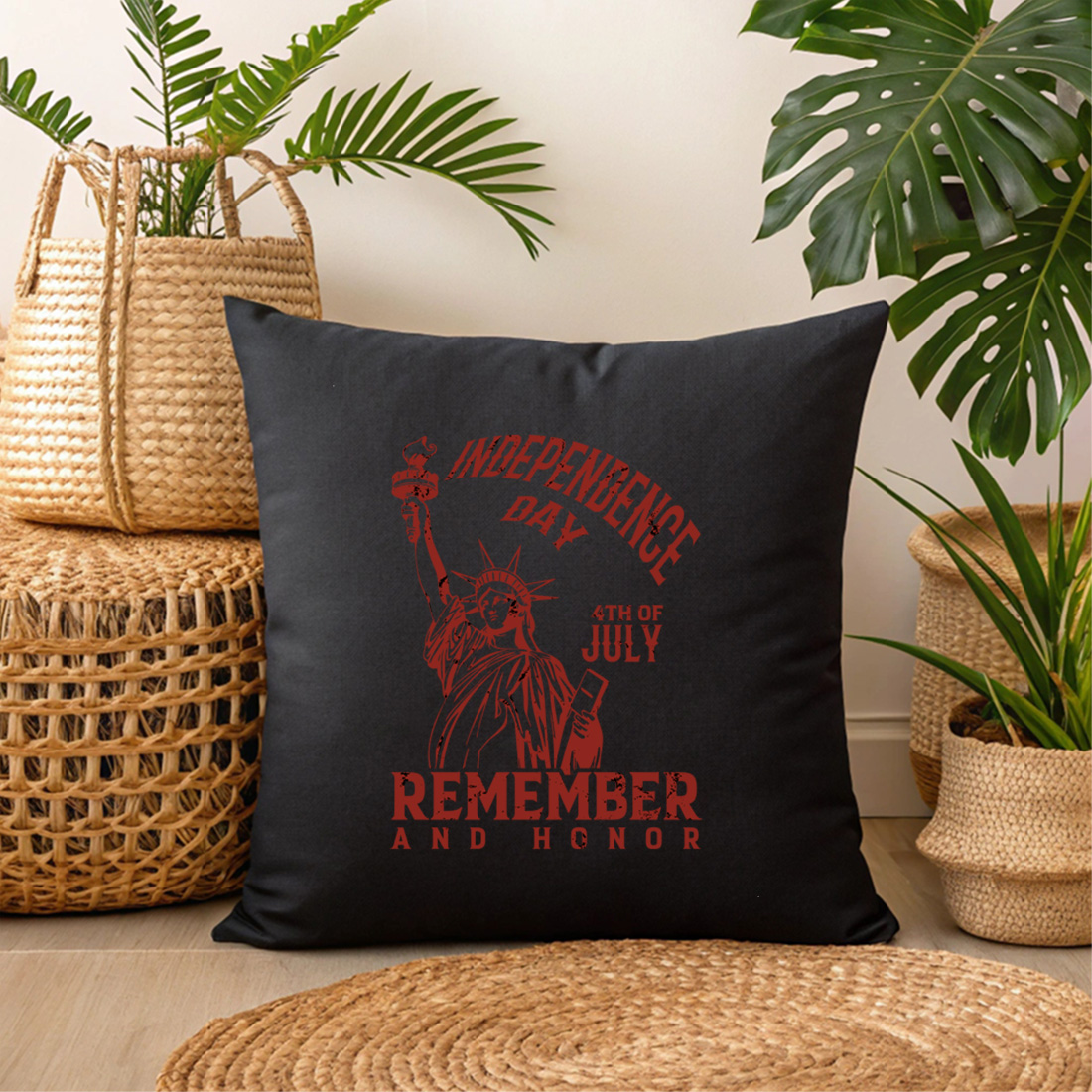 vintage independence day design with statue of liberty and distressed text. graphic design. 3 black pillow mock up 721