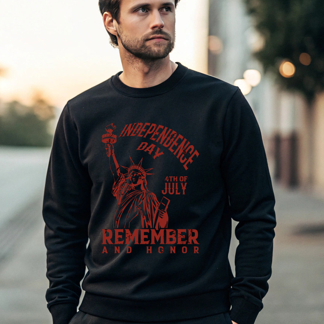 vintage independence day design with statue of liberty and distressed text. graphic design. 4 black male sweatshirt mock up 799