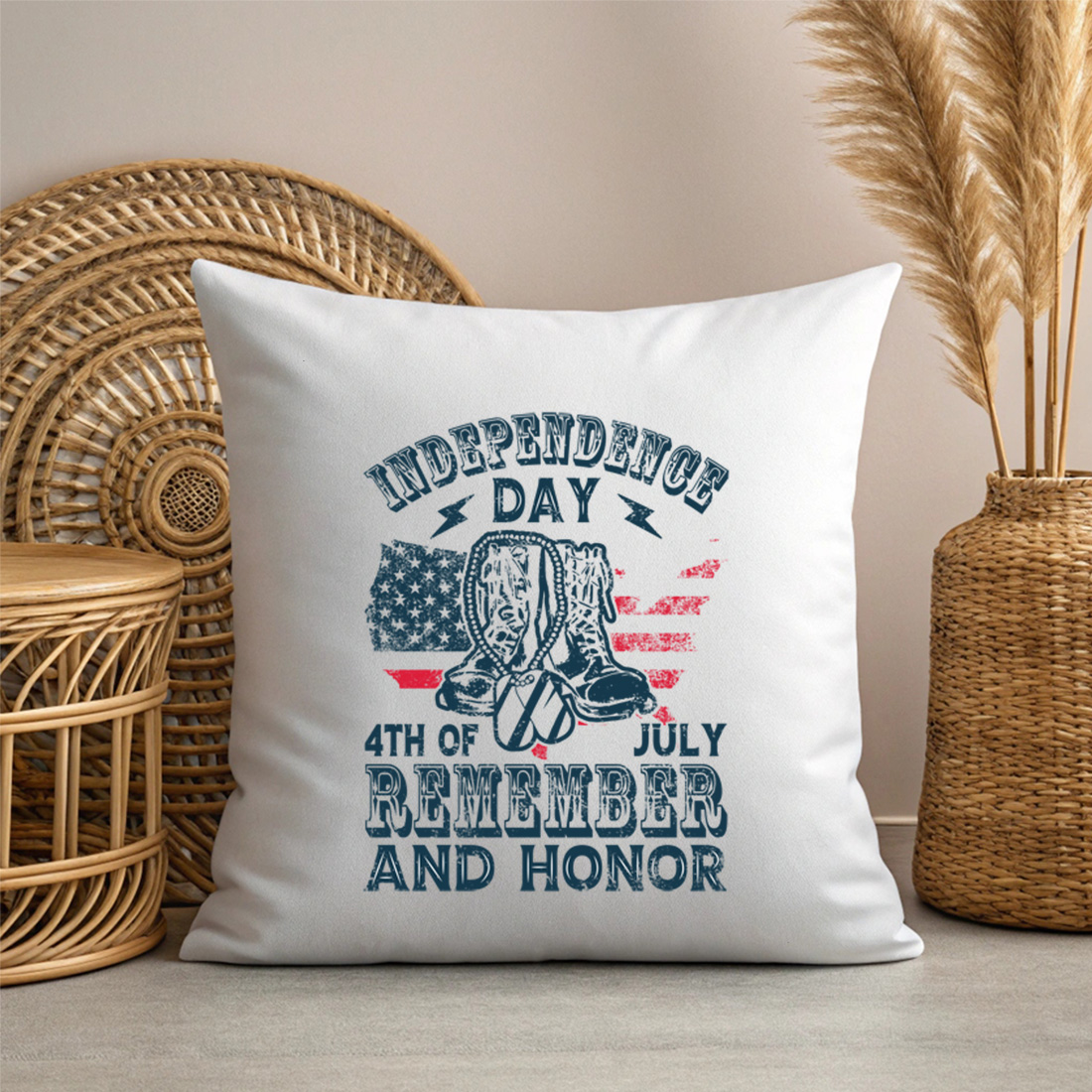 vintage independence day remember and honor 4th of july military boots t shirt design. graphic design. 3 with pillow mock up 534