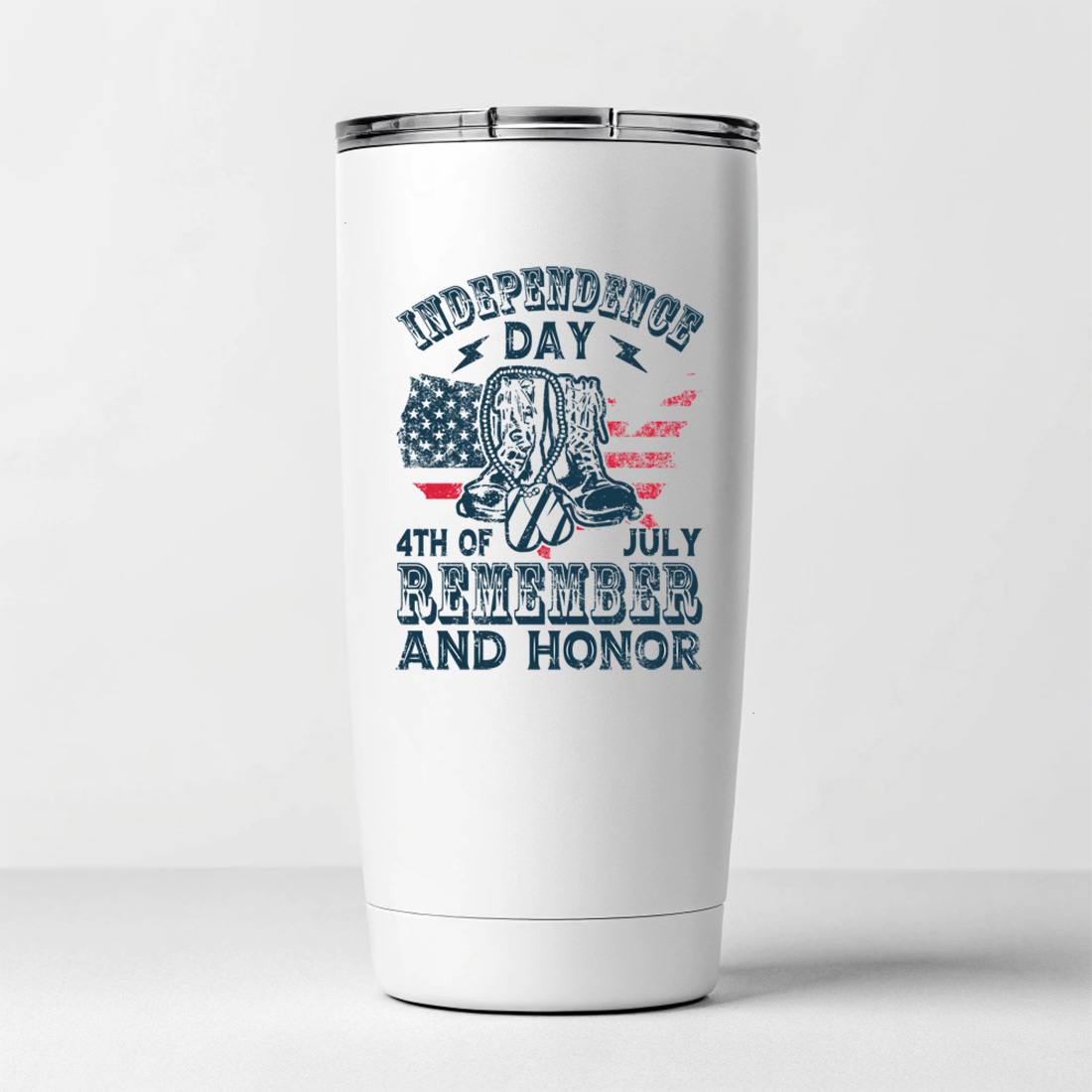 vintage independence day remember and honor 4th of july military boots t shirt design. graphic design. 8 white tumblers mockup 503