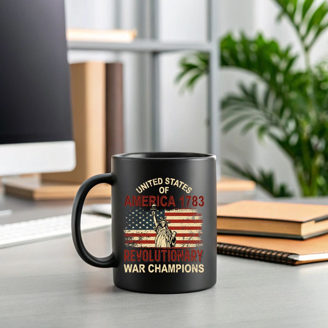 vintage patriotic american merchandise celebrating the 1783 revolutionary war victory. graphic design. 2 black mug mock up 635