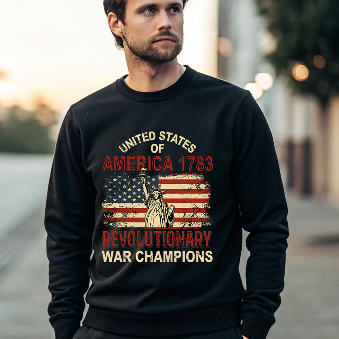 vintage patriotic american merchandise celebrating the 1783 revolutionary war victory. graphic design. 4 black male sweatshirt mock up 816