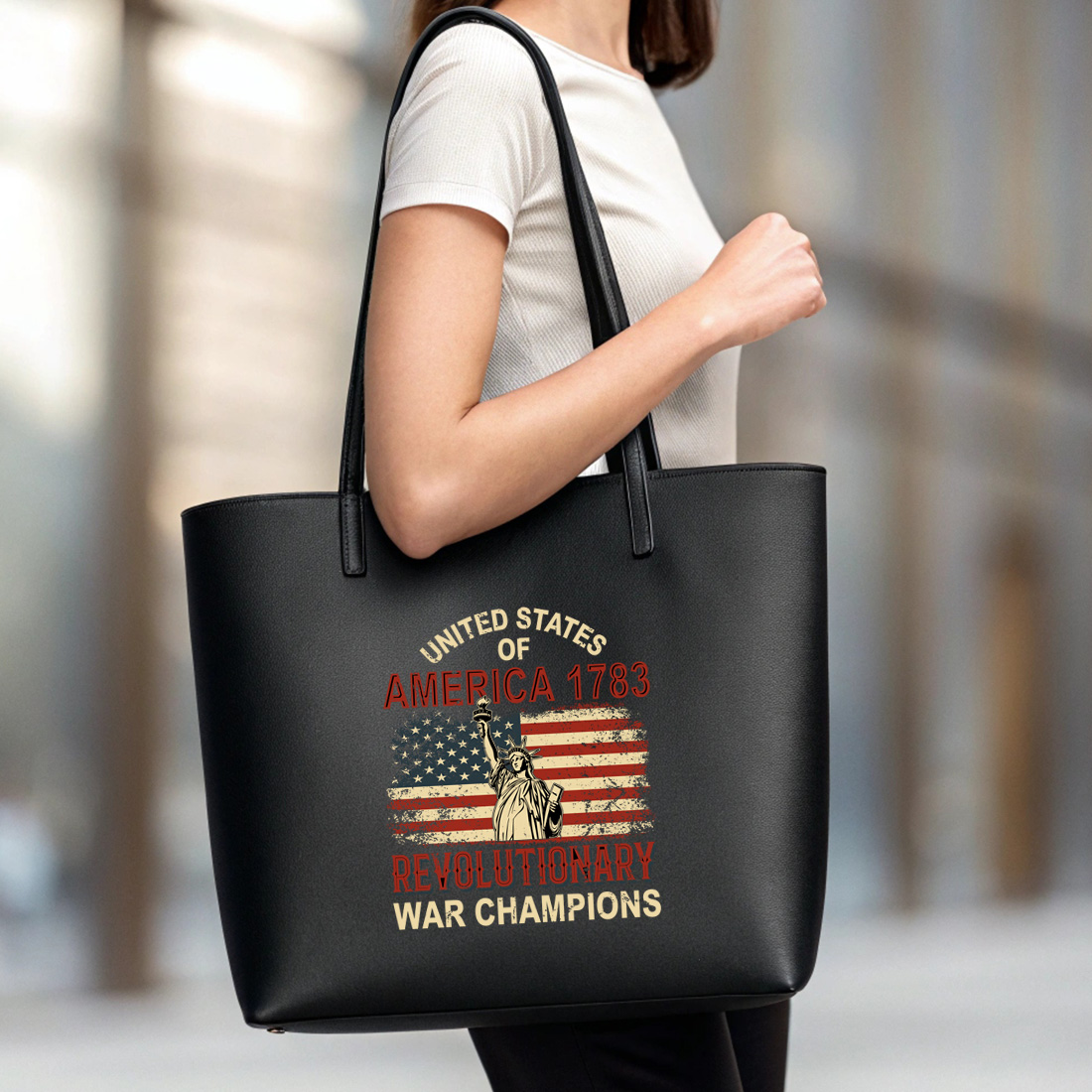 vintage patriotic american merchandise celebrating the 1783 revolutionary war victory. graphic design. 5 black tote beg mock up 962