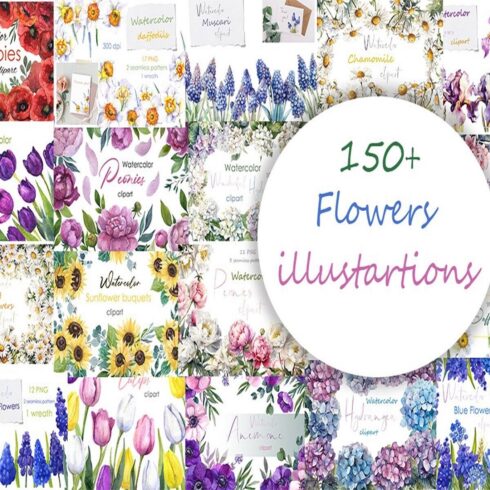 Watercolor Flowers Clipart PNG Bundle cover image.