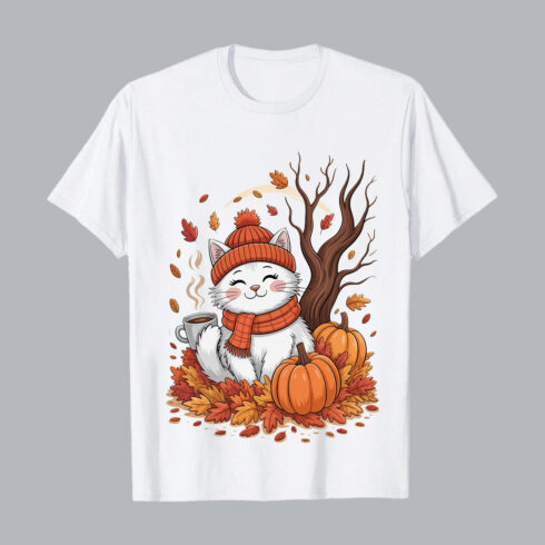 4 Design White cat autumn cozy scene leaves pumpkins Halloween day PNG T shirt Design T shirt PNG File cover image.