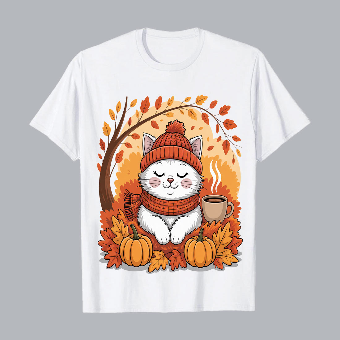 4 Design White cat autumn cozy scene leaves pumpkins Halloween day PNG T shirt Design T shirt PNG File preview image.