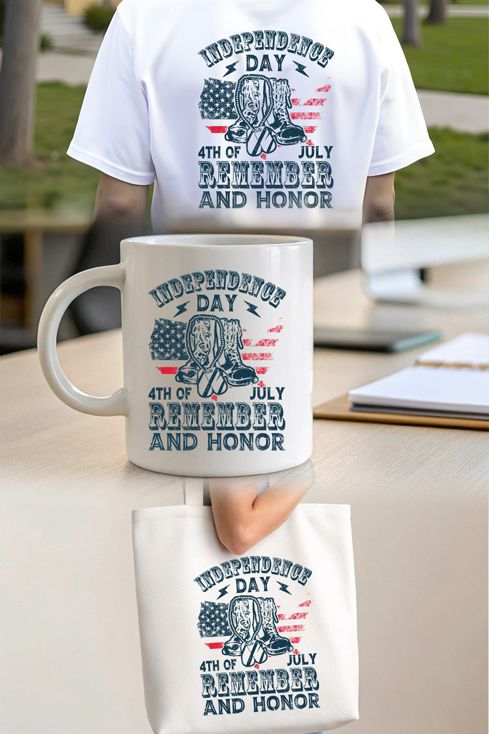 vintage Independence Day, remember and honor 4th of July military boots t-shirt design Graphic Design pinterest preview image.