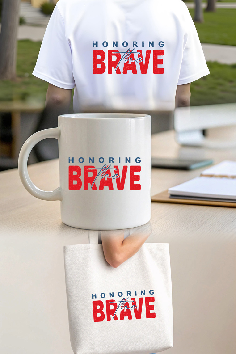 bold red and blue honoring the brave typography for July 4th apparel graphic design pinterest preview image.