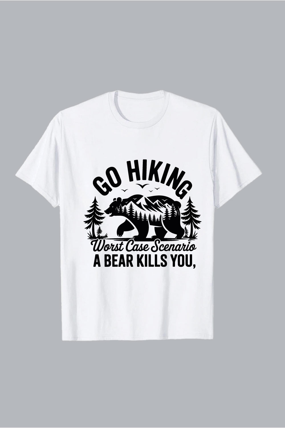 White T Shirt With Black Bear Mountain Graphic black graphic Bear mountain forest trees birds hiking scenario vector hiking EPS PNG T shirt Design pinterest preview image.