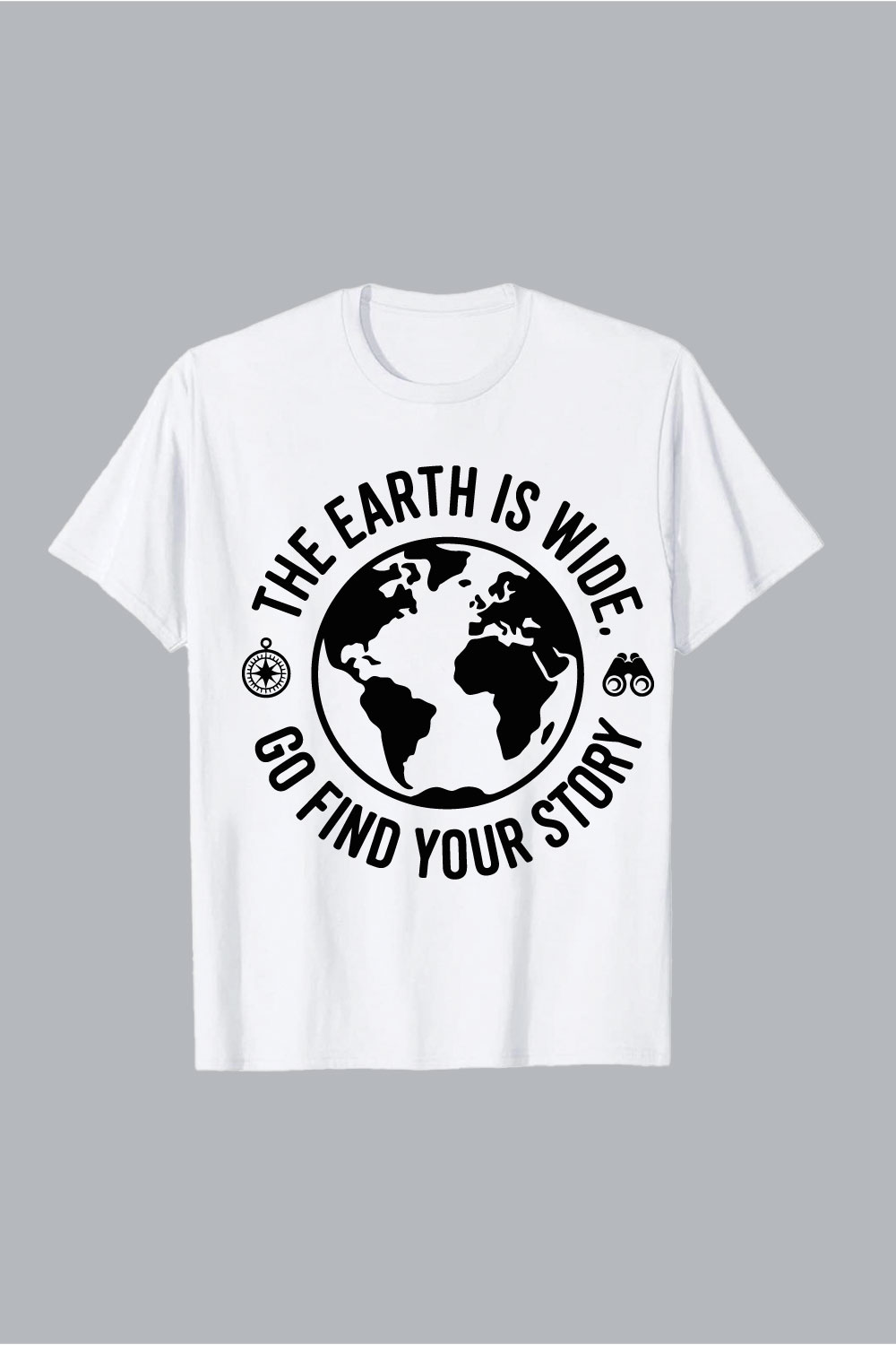 White t shirt with earth and binoculars graphic earth graphic Globe with compass and binoculars earth travel hiking EPS PNG T shirt Design pinterest preview image.
