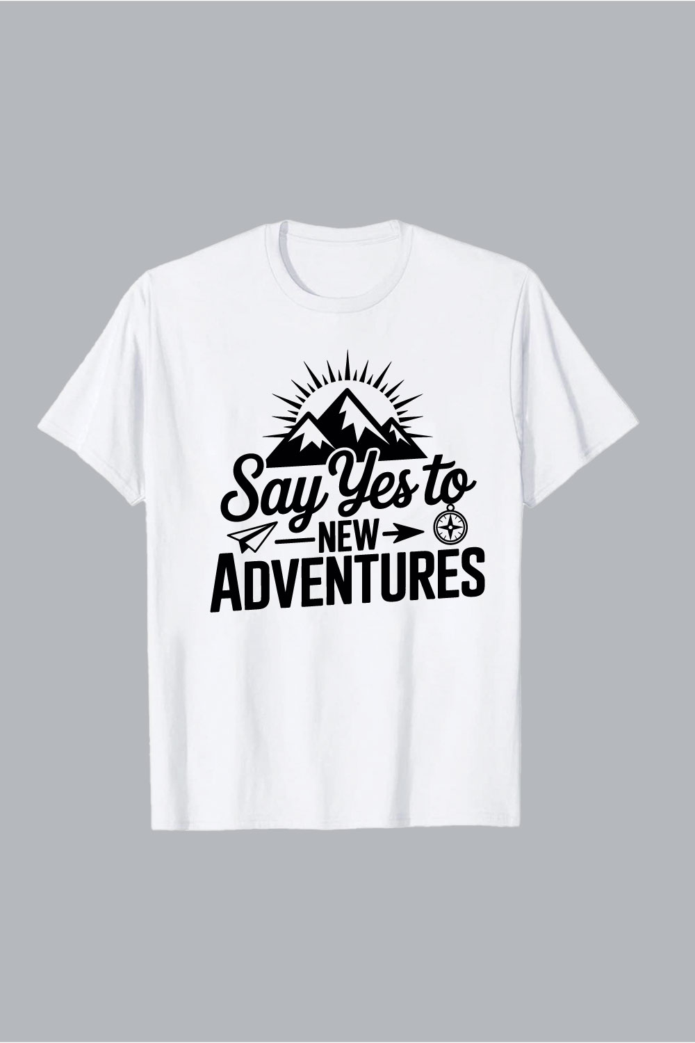 Say yes to new adventures mountain sun compass paper airplane hiking EPS PNG T shirt Design pinterest preview image.