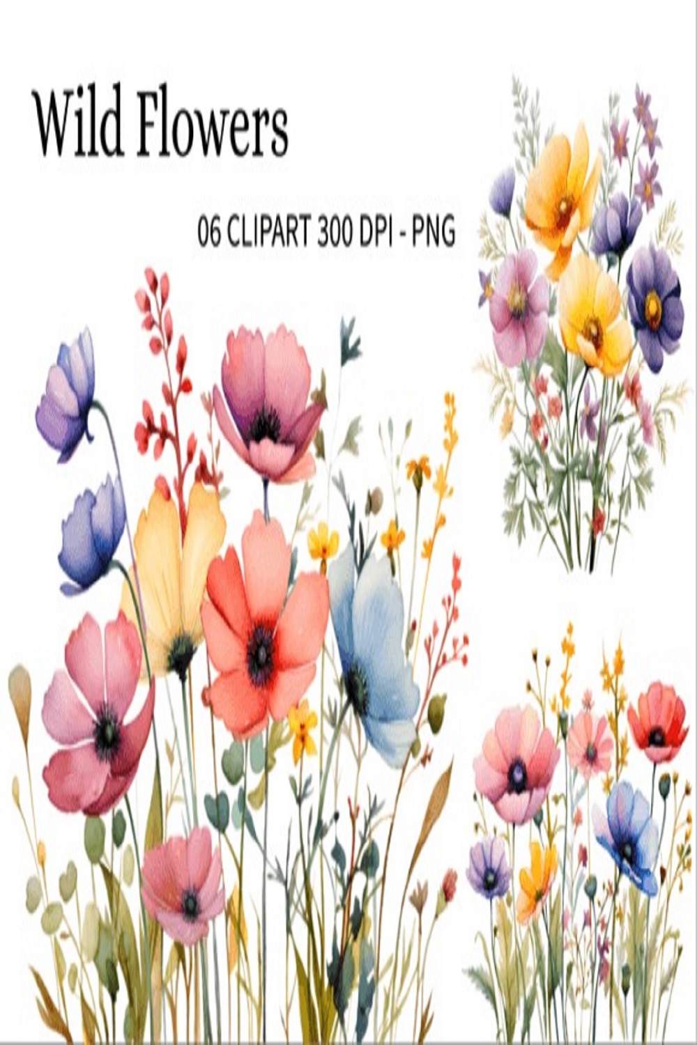 Wild Flowers Watercolor Clipart PNG pinterest preview image.