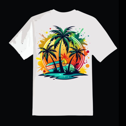 Summer design with palm trees on color splash sticker concept on white background,print design on T-shirt Design cover image.