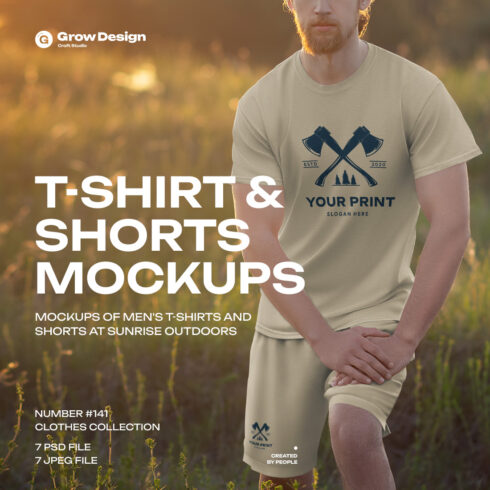7 Mockups of Men's T-Shirt and Shorts Outdoors at Dawn cover image.