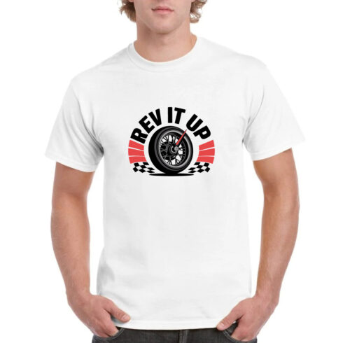 Rev It Up Racing Wheel Checkered Flag T-Shirt cover image.