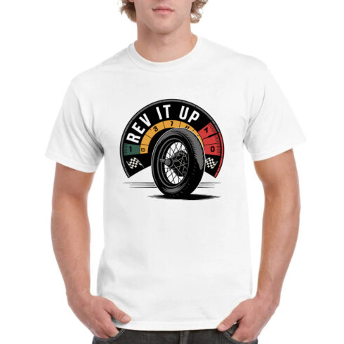 Rev It Up Speedometer Racing Tire T-Shirt Design cover image.