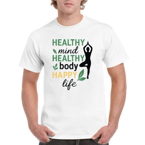 Healthy Mind Healthy Body Happy Life Yoga Tee Shirt cover image.