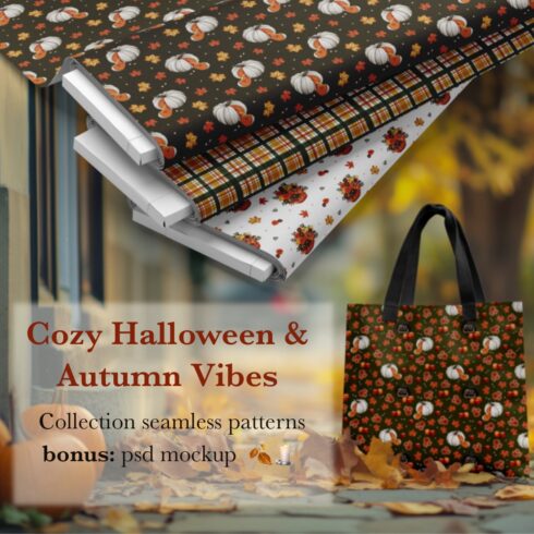 “Cozy Halloween & Autumn Vibes” – collection of watercolor seamless patterns with a bonus PSD mockup cover image.