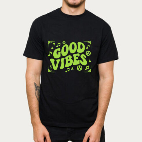 Good Vibes T-Shirt Green Text Peace Music Tee cover image.
