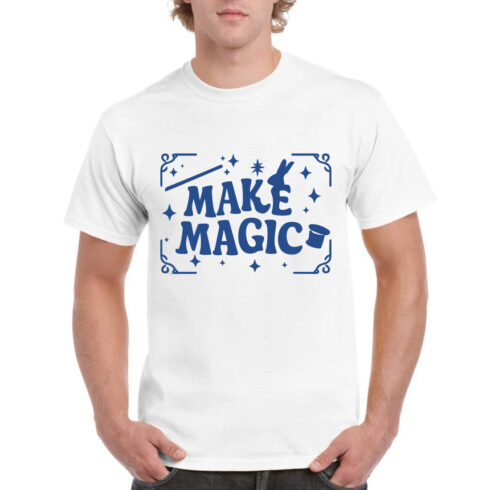 Make Magic T-Shirt Blue Text Magician Wizard Tee cover image.