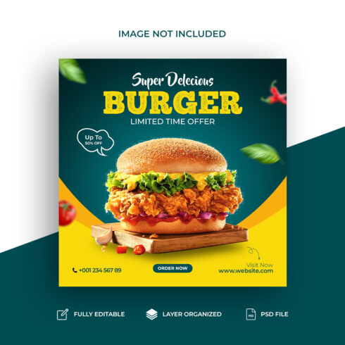 Burger social media post design template cover image.
