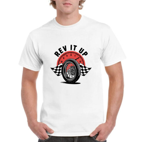 Rev It Up Tachometer Racing Tire T-Shirt Design cover image.