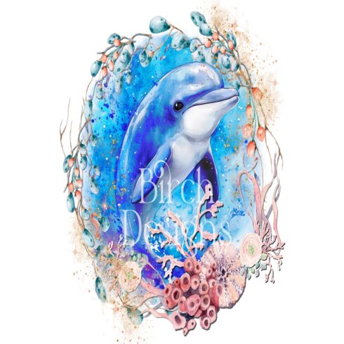 Watercolor Dolphin PNG Sea-Themed Wreath Clipart cover image.