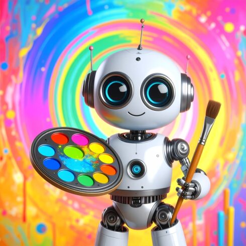 Cute Robot with Antenna Holding a Vibrant Circuit on Colorful Backdrop cover image.